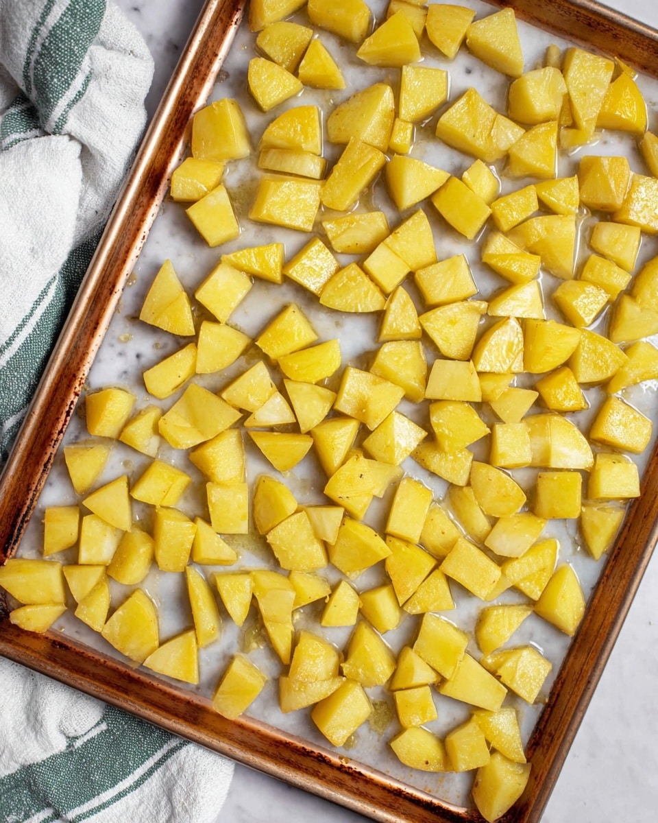 The image shows a baking tray filled with small pieces of yellow potatoes spread evenly in one layer. The potatoes are cut into different shapes, mostly cubes and triangular chunks, with a slightly shiny surface that suggests they are lightly coated with oil. The tray has a white marbled texture underneath the potatoes, and the tray edges are copper-colored. A white and green striped cloth is partially visible at the bottom left corner. The photo taken with an iphone --ar 4:5 --v 7