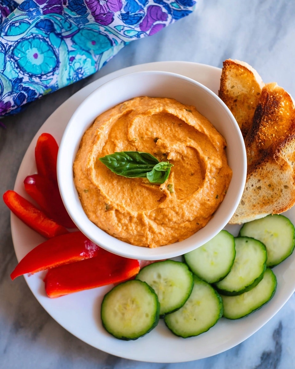 A white bowl filled with smooth, orange hummus topped with a small green basil leaf sits in the center of a white plate. Around the bowl, there are bright red pepper slices on the right side and green cucumber slices on the left, both neatly arranged in a fan shape. To the upper right corner of the plate, there are three pieces of toasted bread with a golden-brown crust. The plate is placed on a white marbled surface with a blue and purple patterned cloth visible in the upper left corner. photo taken with an iphone --ar 4:5 --v 7