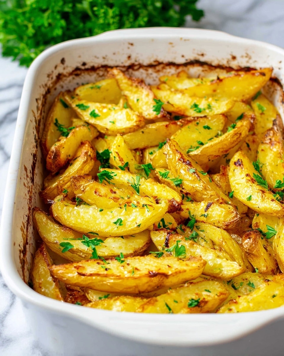 A white baking dish filled with golden potato wedges, layered with a slight crisp on the edges, showing some browning from roasting. The wedges are scattered evenly in one layer, with fresh chopped green parsley sprinkled on top, adding a touch of color. The background is a white marbled surface, and a small bunch of green parsley is blurred in the top left corner. The photo has a bright natural light, highlighting the crispy texture and warm yellow tones of the potatoes. photo taken with an iphone --ar 4:5 --v 7