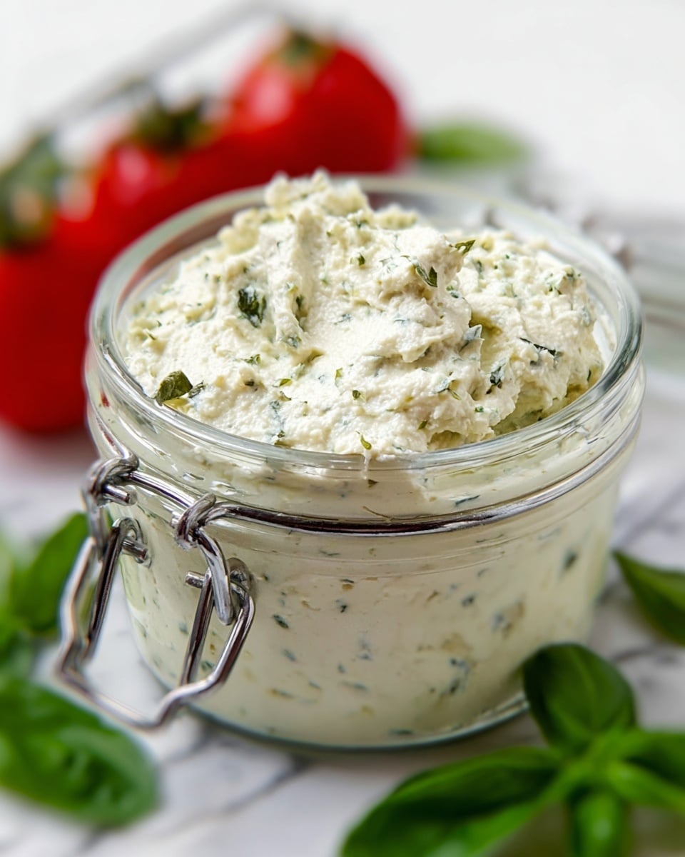 A close-up of a clear glass jar filled with creamy white cheese spread with visible small green herb bits mixed throughout, showing its soft and slightly chunky texture. The jar has a metal clasp on the front and is placed on a white marbled surface with fresh green basil leaves around the base. In the blurred background, two bright red tomatoes on the vine add a touch of vibrant color. The photo captures the jar slightly from above, focusing on the thick creamy spread inside. photo taken with an iphone --ar 4:5 --v 7