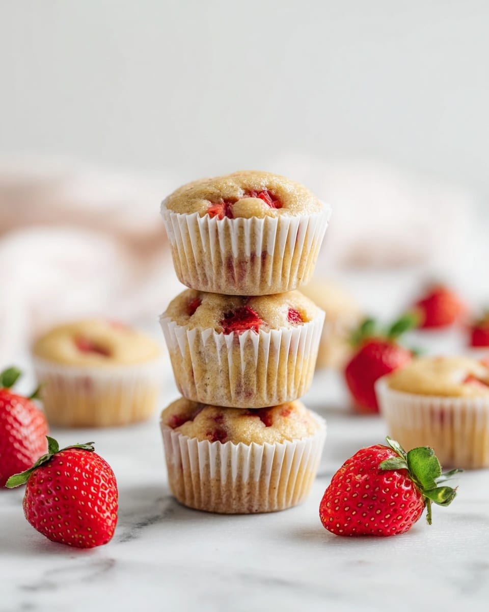 The image shows a stack of three small muffins with light brown tops and bits of red strawberry pieces inside, all wrapped in white paper liners, placed on a white marbled surface. Around the stack, there are more muffins of the same style and fresh whole strawberries with green leaves, adding bright red color spots to the scene. The background is softly blurred with a smooth white marbled texture. photo taken with an iphone --ar 4:5 --v 7