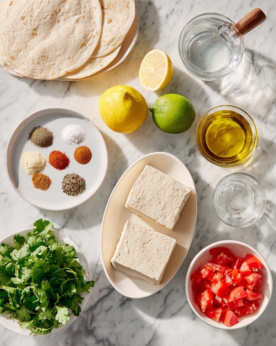 The image shows cooking ingredients placed on a white marbled surface. In the lower right, a white oval plate holds two blocks of beige tofu side by side, with visible texture on their surfaces. Above it, there is a halved yellow lemon and a halved green lime placed close together. To the right of the citrus, a glass cup filled with golden olive oil and a small clear glass of water with a wooden handle are visible. In the middle left, a white plate holds various ground spices in small piles, including red, brown, black, and off-white colors. Below that plate, a white bowl contains small cubed red tomatoes, and above it, another white bowl is filled with fresh green cilantro leaves. There are also two pale flatbreads placed in the top left corner. The light is bright and natural, giving the image a clean and fresh look. Photo taken with an iphone --ar 4:5 --v 7