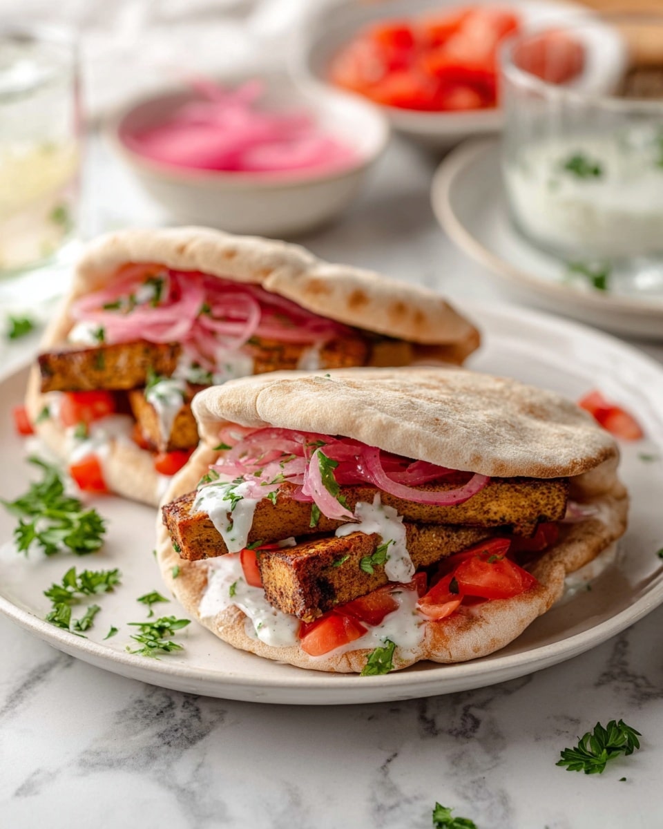 Two pita pockets sit on a white plate, each filled with several layers. The first layer in each pita is medium brown grilled tofu strips with a slightly charred texture, topped with creamy white sauce drizzled with green herbs. On top of the sauce are thin slices of pink onion, slightly curled. Below the tofu, there are blocks of bright red diced tomatoes. The pitas are soft, light beige with a slightly puffed, textured surface. The plate rests on a white marbled surface with scattered green parsley leaves around it. In the blurred background, there are transparent glasses and white bowls containing sliced tomatoes and pickled onions. Photo taken with an iphone --ar 4:5 --v 7