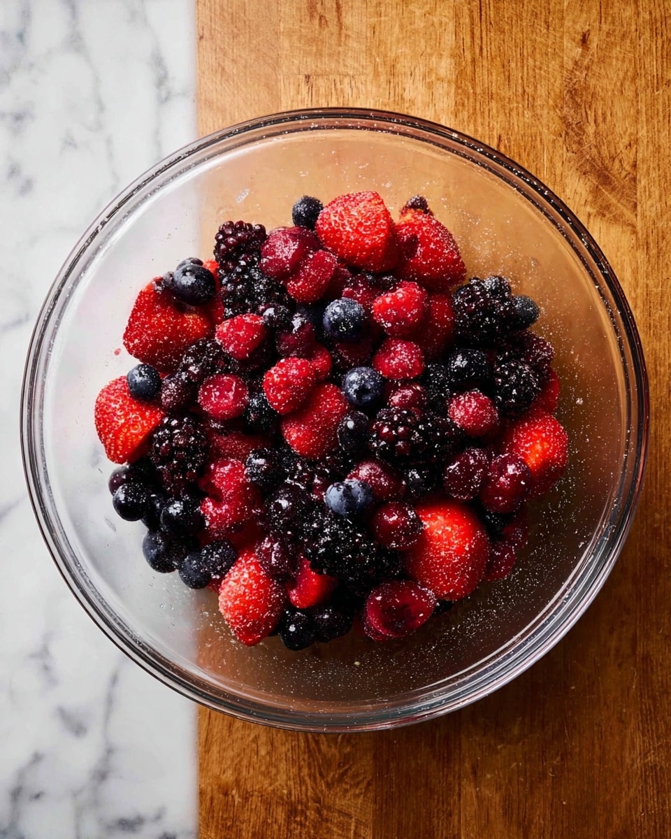 A clear glass bowl holds a mix of fresh berries, including bright red strawberries, deep purple blackberries, dark blue blueberries, and some small raspberries, all coated lightly with a sprinkling of white sugar. The berries are piled in one layer at the center of the bowl, showing their shiny and juicy textures. The bowl sits on a white marbled surface which contrasts with the rich colors of the berries. The photo taken with an iphone --ar 4:5 --v 7