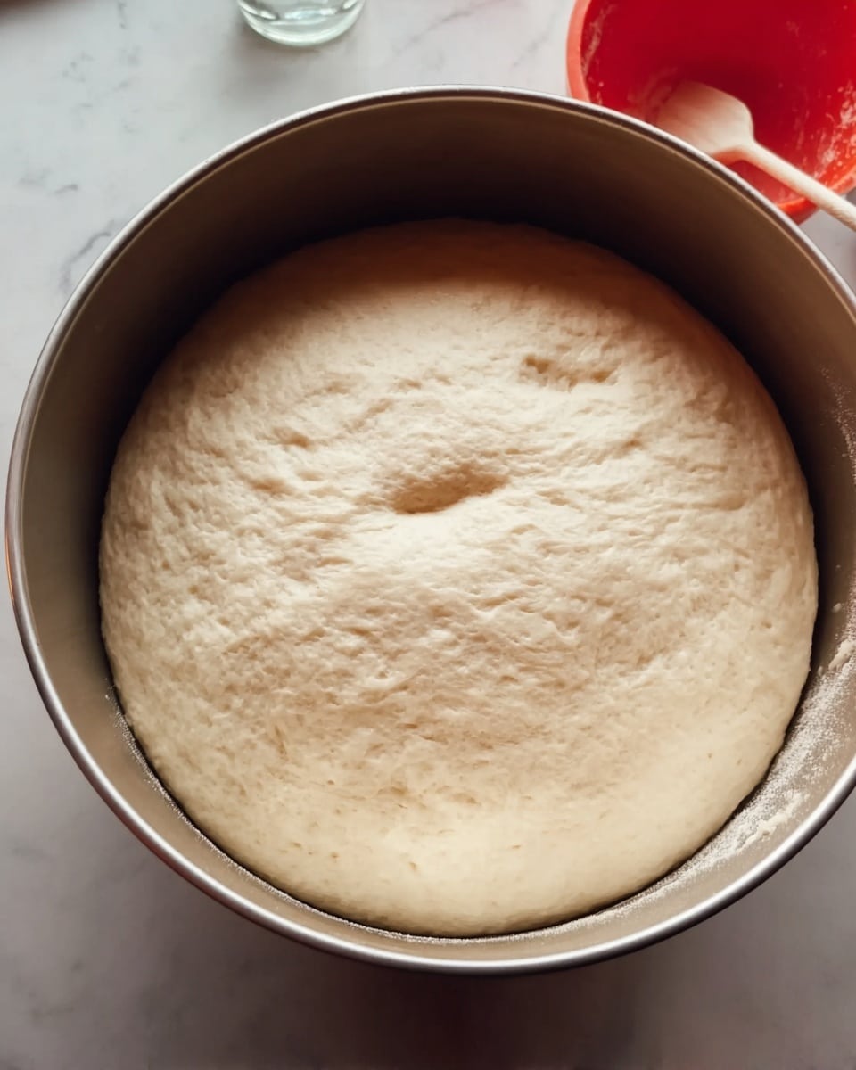 A round metal bowl filled with smooth, risen dough that has a light cream color and soft, fluffy texture. The dough surface is slightly dimpled with two visible finger marks pressing gently into it. The bowl is held over a white marbled surface with a water glass and red spoon in the background. photo taken with an iphone --ar 4:5 --v 7