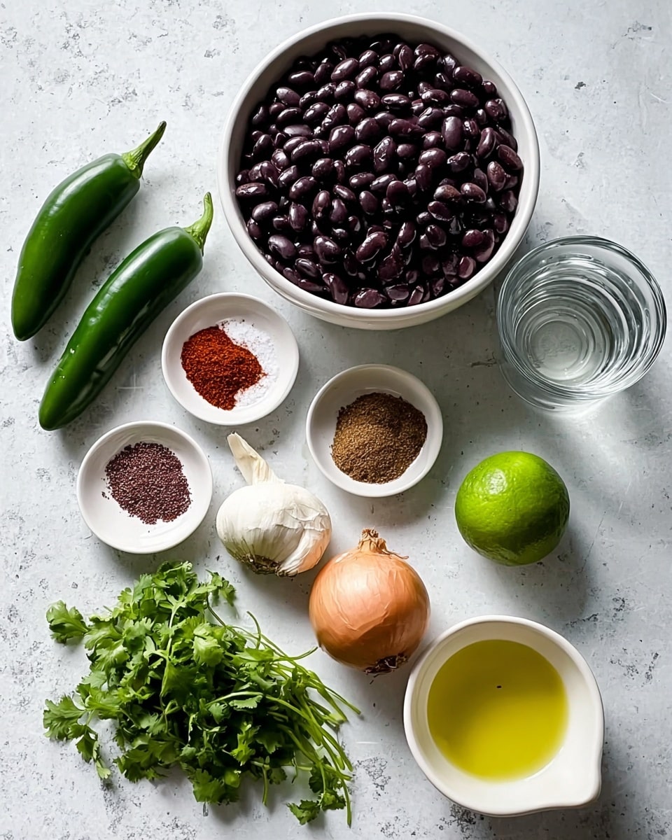 The image shows a flat lay of various fresh ingredients placed on a white marbled surface. In the center top is a white bowl filled with dark shiny black beans. Around the bowl are small white dishes containing red chili powder, brown ground cumin, and salt. Below these are two green jalapeño peppers, a whole garlic bulb, a bunch of fresh green cilantro, and a pale brown onion. There is also a whole green lime and a small white cup of golden yellow olive oil. A clear glass of water is placed near the top right side. All items are neatly arranged with soft natural light highlighting their colors. Photo taken with an iphone --ar 4:5 --v 7