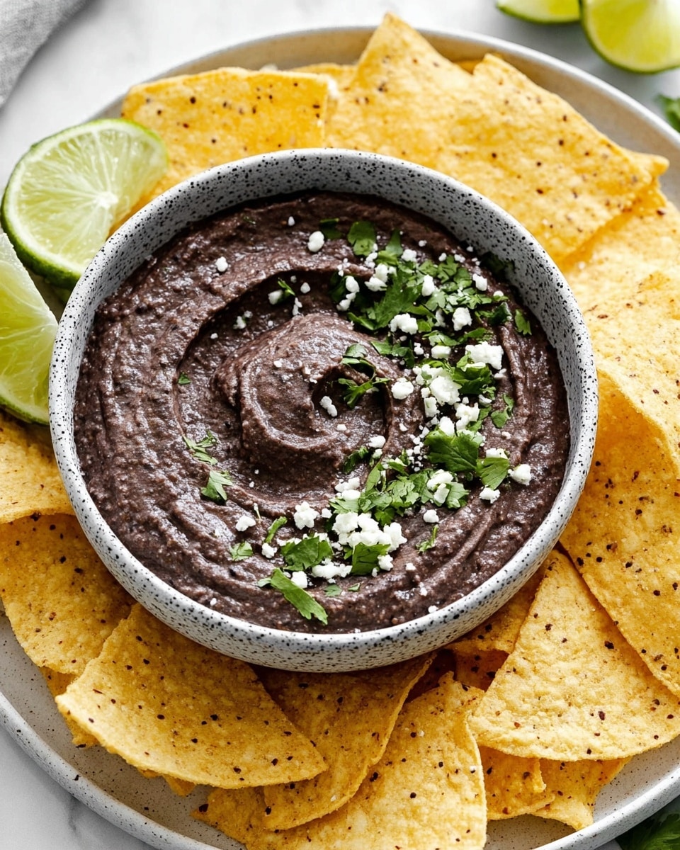 A close-up view of a bowl filled with smooth black bean dip that has a thick, creamy texture with swirl patterns on top, garnished with small white crumbles and bright green fresh cilantro leaves. The bowl is speckled gray and sits on a larger white plate, surrounded by many light yellow corn tortilla chips with small darker specks. There are two lime wedges, one placed on the plate near the chips and another partially visible at the top edge. The background shows a white marbled surface. photo taken with an iphone --ar 4:5 --v 7