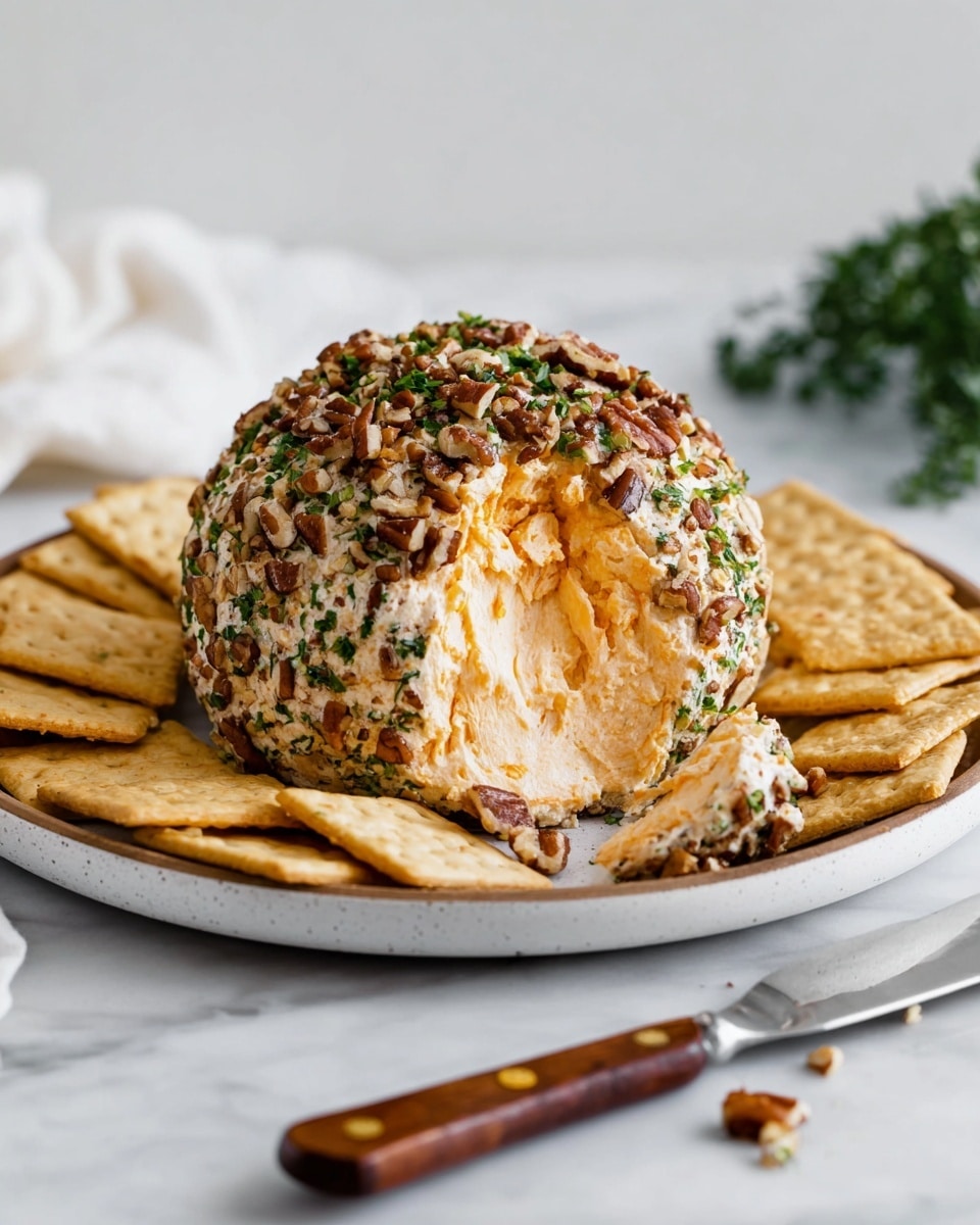 A round cheese ball with creamy orange inside and chopped pecans mixed with green herbs covering the outside, sitting on a white plate with a brown rim, surrounded by square wheat crackers spread evenly around the cheese ball; a knife with a wooden handle lies in front on a white marbled surface, a bite taken out showing the soft cheese texture inside photo taken with an iphone --ar 4:5 --v 7