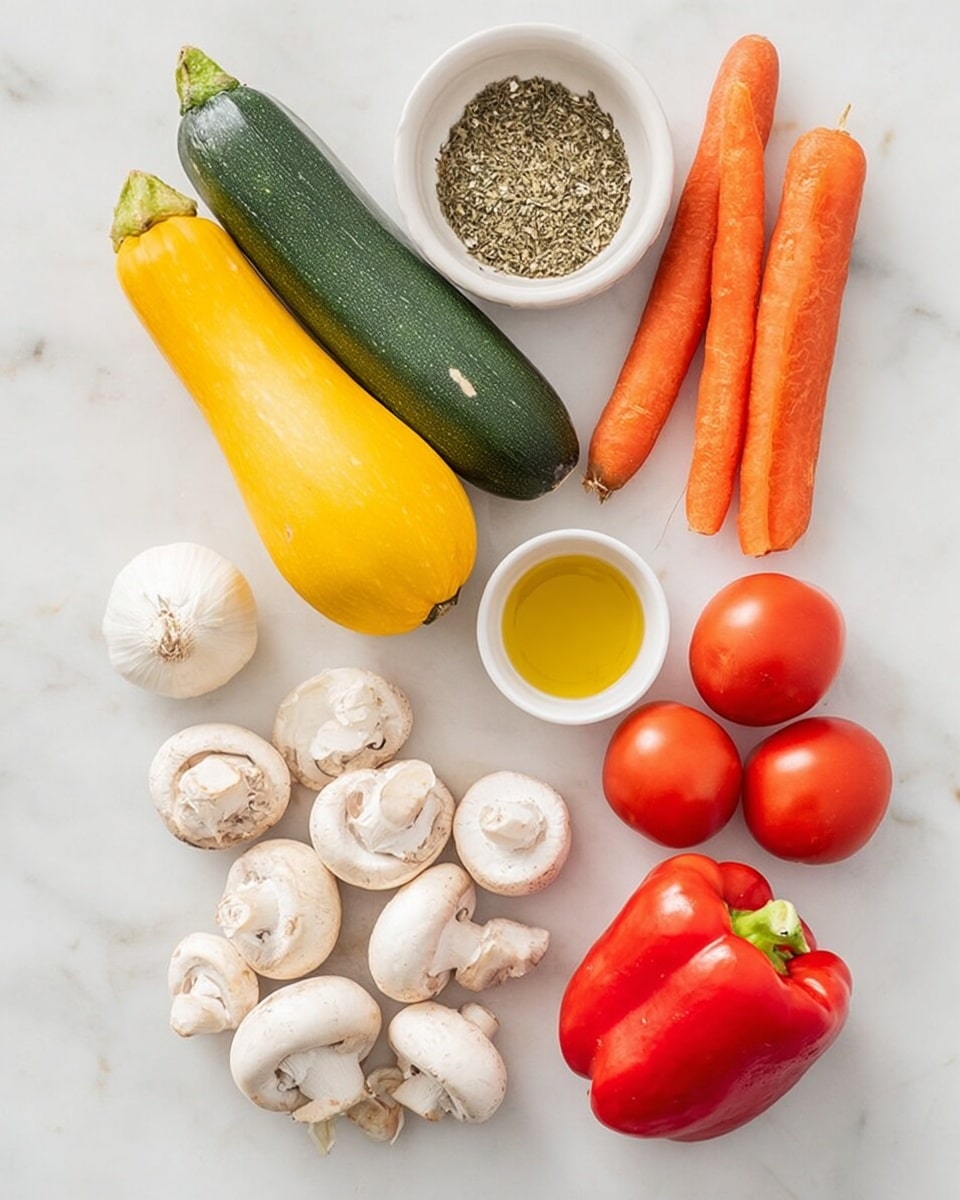 The image shows a variety of fresh vegetables and ingredients arranged on a white marbled surface. There is one yellow squash and one green zucchini placed side by side at the top left. Near the top right, there are two whole carrots next to a small white bowl filled with a mix of dried herbs. Below the carrots, a small white bowl contains yellow olive oil. At the bottom right, there is a large red bell pepper. Four red Roma tomatoes are scattered near the center. To the bottom left are six white mushrooms grouped together, and a halved white onion is positioned nearby. A small garlic bulb is placed near the top left close to the tomatoes. The ingredients are arranged in a neat, clean layout showing their natural colors and textures. Photo taken with an iphone --ar 4:5 --v 7