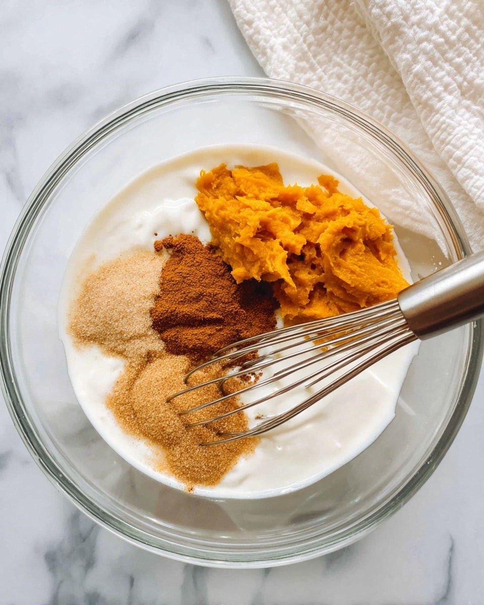 The image shows a clear glass bowl placed on a white marbled surface. Inside the bowl, there are four main layers: a white creamy liquid covering the bottom, a pile of orange pumpkin puree on the upper right side, a heap of light brown sugar sprinkled on the left side, and a small mound of a darker brown spice powder in the center of the sugar. A metal whisk rests diagonally across the bowl, partially dipped in the ingredients. A woman's hand is not visible but implied to be holding the bowl or whisk. Photo taken with an iphone --ar 4:5 --v 7