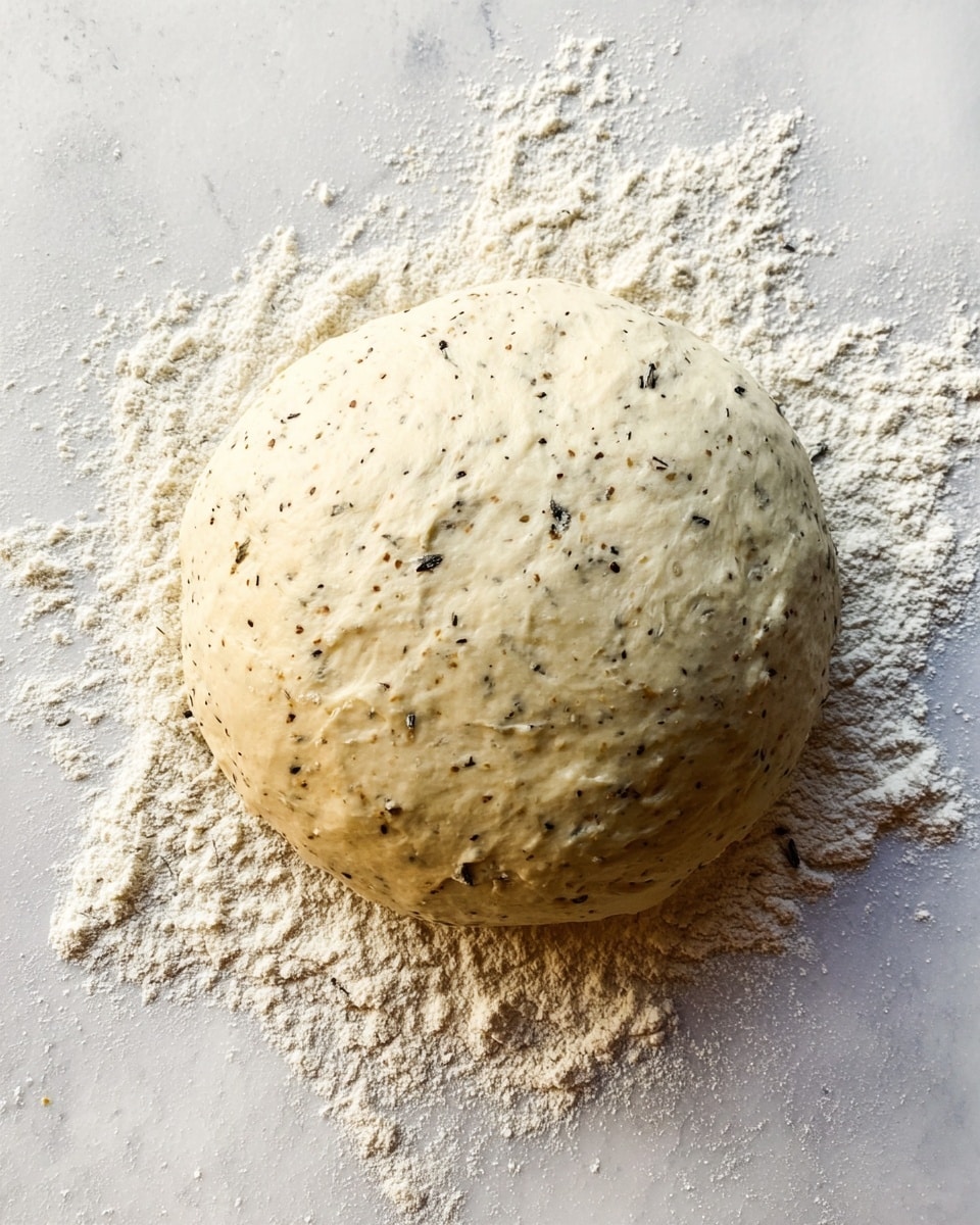 A single round ball of dough with a soft, slightly uneven texture and small dark specks spread throughout sits on a white marbled surface. Loose flour is scattered around the dough, creating a dusted area that highlights the dough's fresh, light color and slightly sticky appearance. The dough looks risen and ready to be shaped or baked. photo taken with an iphone --ar 4:5 --v 7