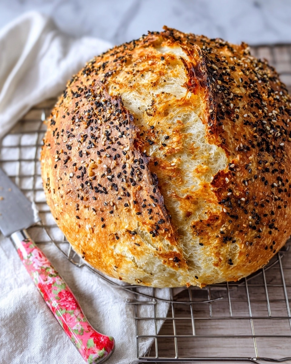 A round loaf of bread sits on a silver cooling rack above a white marbled surface, with a white cloth and a knife with a red handle and floral design resting beside it. The bread has a golden-brown crust with rough, cracked patches and is sprinkled heavily with black and white sesame seeds, coarse salt, and small bits of toasted seasoning. The loaf shows a light, airy texture where the crust has split open, revealing the soft crumb inside. The photo is bright and clear, focusing closely on the bread's detailed surface and seasoning. photo taken with an iphone --ar 4:5 --v 7
