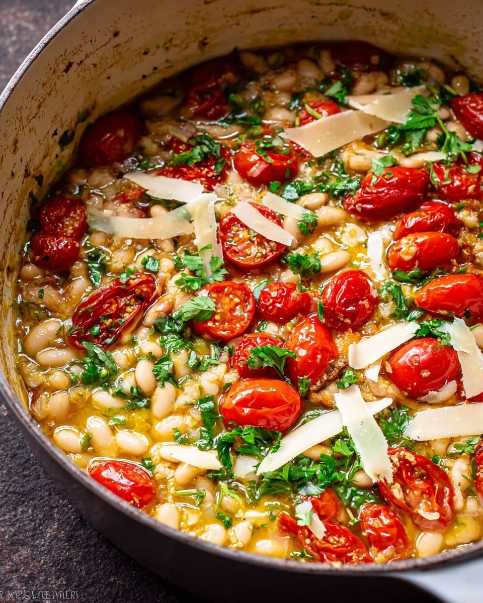A large white pot filled with a rich stew showing several layers; at the bottom is a light yellow soup broth with some oil floated on top, followed by a thick layer of small, creamy white beans evenly spread, mixed with bright red cherry tomatoes, some cut in half to reveal a juicy inside, and topped with scattered fresh green parsley leaves. Thin shaved slices of pale yellow cheese are visible above the beans, and finely chopped herbs add extra green specks throughout. The pot sits on a dark surface and the photo shows a close-up view of the stew's colorful layers, highlighting the contrast between the red tomatoes, white beans, and green herbs. Photo taken with an iphone --ar 4:5 --v 7