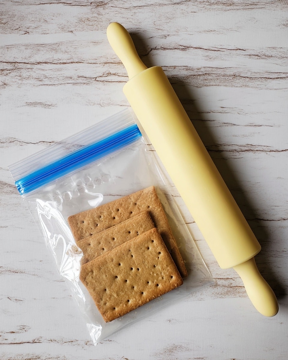 The image shows a clear plastic ziplock bag that contains several light brown rectangular graham crackers with small perforations. Next to the bag is a solid pale yellow rolling pin placed diagonally. The items are set on a white marbled textured surface. photo taken with an iphone --ar 4:5 --v 7