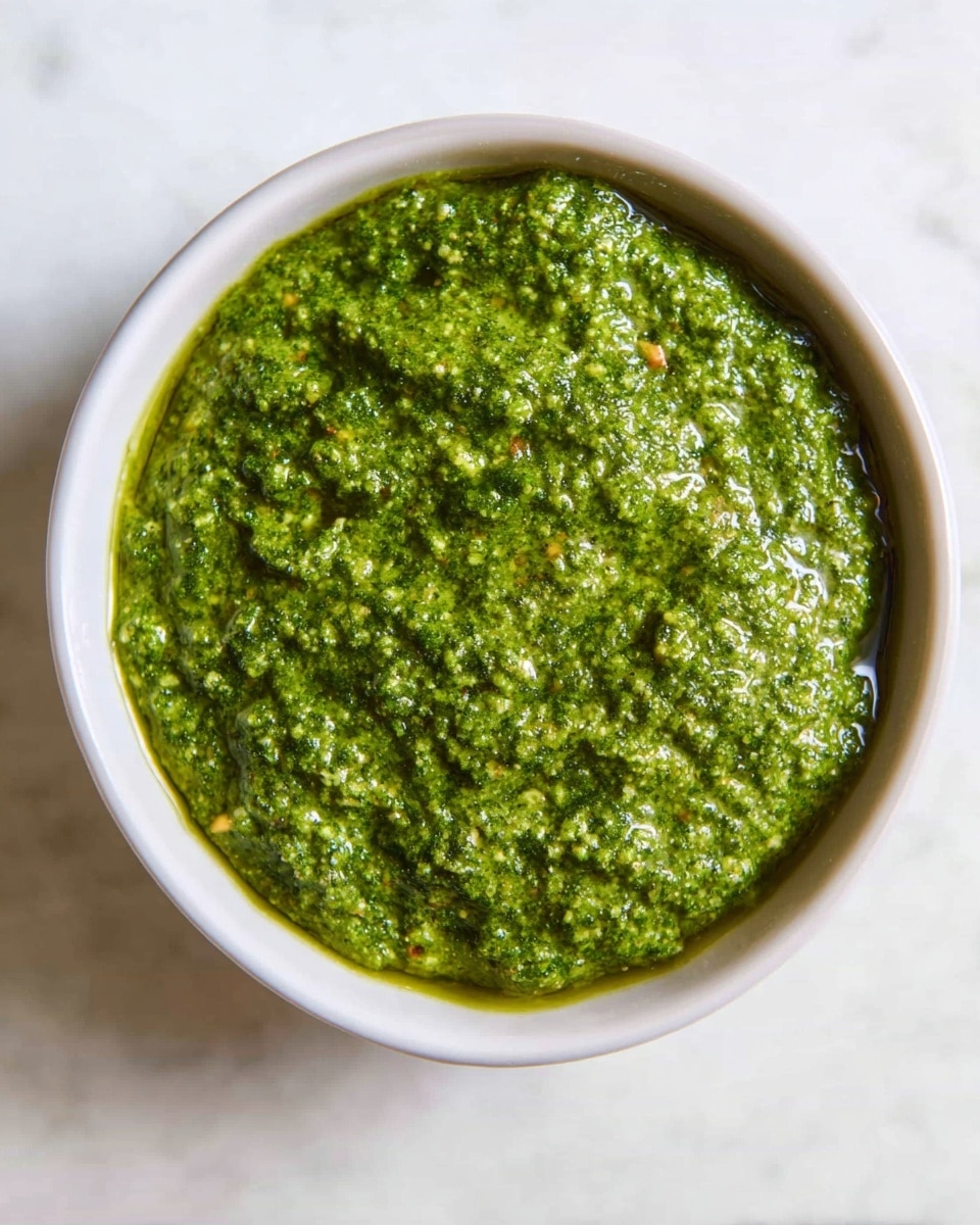 A close-up top view of a single white bowl filled with a thick, textured green pesto sauce with small bits of herbs and nuts visible, and a slight sheen of olive oil on the surface, all set on a white marbled textured background photo taken with an iphone --ar 4:5 --v 7