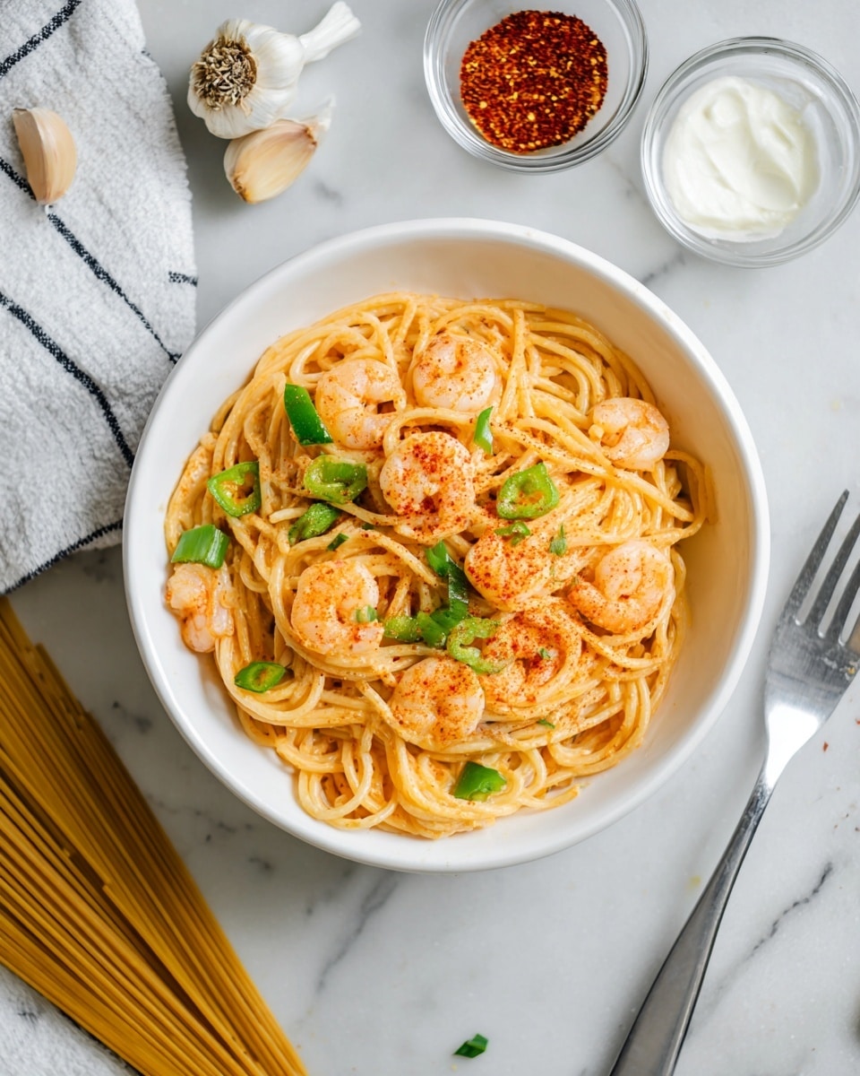 A white bowl filled with creamy spaghetti pasta with small shrimp and chunks of green bell pepper mixed in. The pasta is coated in a light orange cream sauce and sprinkled with a reddish spice. Around the bowl on a white marbled surface are three glass bowls, one with three cloves of garlic, one with red chili powder, and one with white sauce or cream. Uncooked spaghetti sticks lay diagonally next to a white and blue striped cloth. Photo taken with an iphone --ar 4:5 --v 7