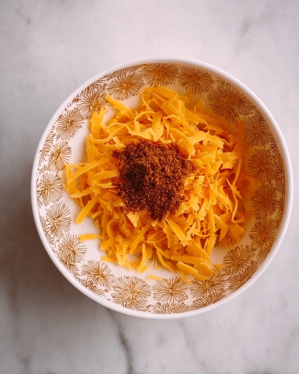A white bowl with a gold pattern holds a mix of shredded orange cheese and a small pile of brown spices in the center. The cheese pieces are thin and layered loosely around the spices, creating a contrast between the vibrant orange and rich brown. The bowl sits on a white marbled surface. Photo taken with an iphone --ar 4:5 --v 7