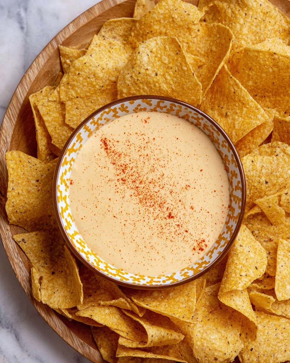 A round bowl with a yellow and white pattern holds a smooth, creamy light orange dip sprinkled with fine red seasoning in a line across the middle. The bowl is placed on a wooden tray covered with many golden-yellow crispy tortilla chips, arranged around it closely, showing a rough and slightly bubbly texture. The background is a white marbled surface photo taken with an iphone --ar 4:5 --v 7