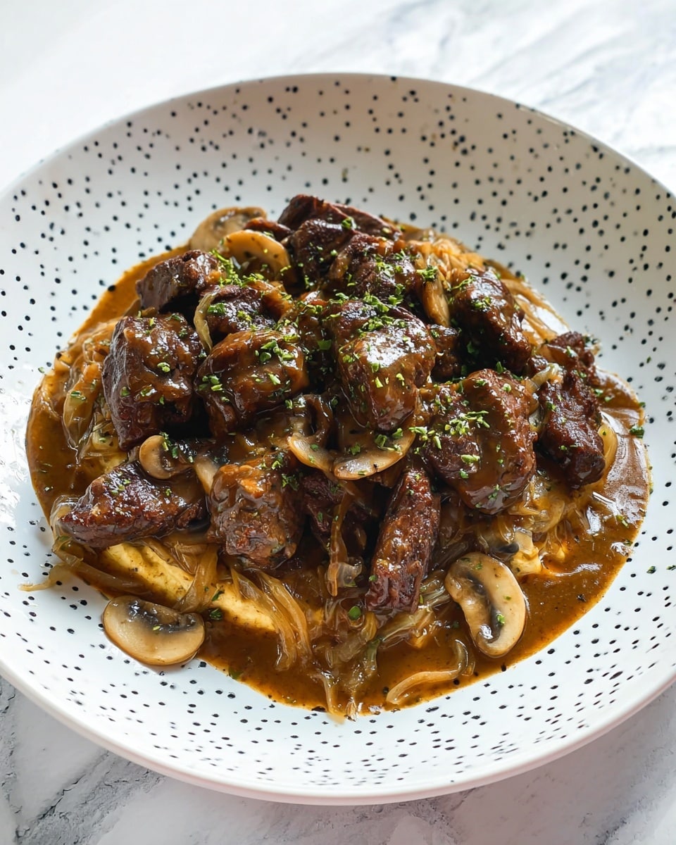 The dish shows a layer of cooked onions and sliced mushrooms at the bottom, with a golden-brown color and slightly soft texture, spread evenly on a white plate with small black dots. On top, there are pieces of dark brown cooked meat arranged in a loose pile. The meat is covered with a shiny thick brown sauce, garnished with small green herb bits sprinkled all over. The plate sits on a surface with a white marbled texture. photo taken with an iphone --ar 4:5 --v 7