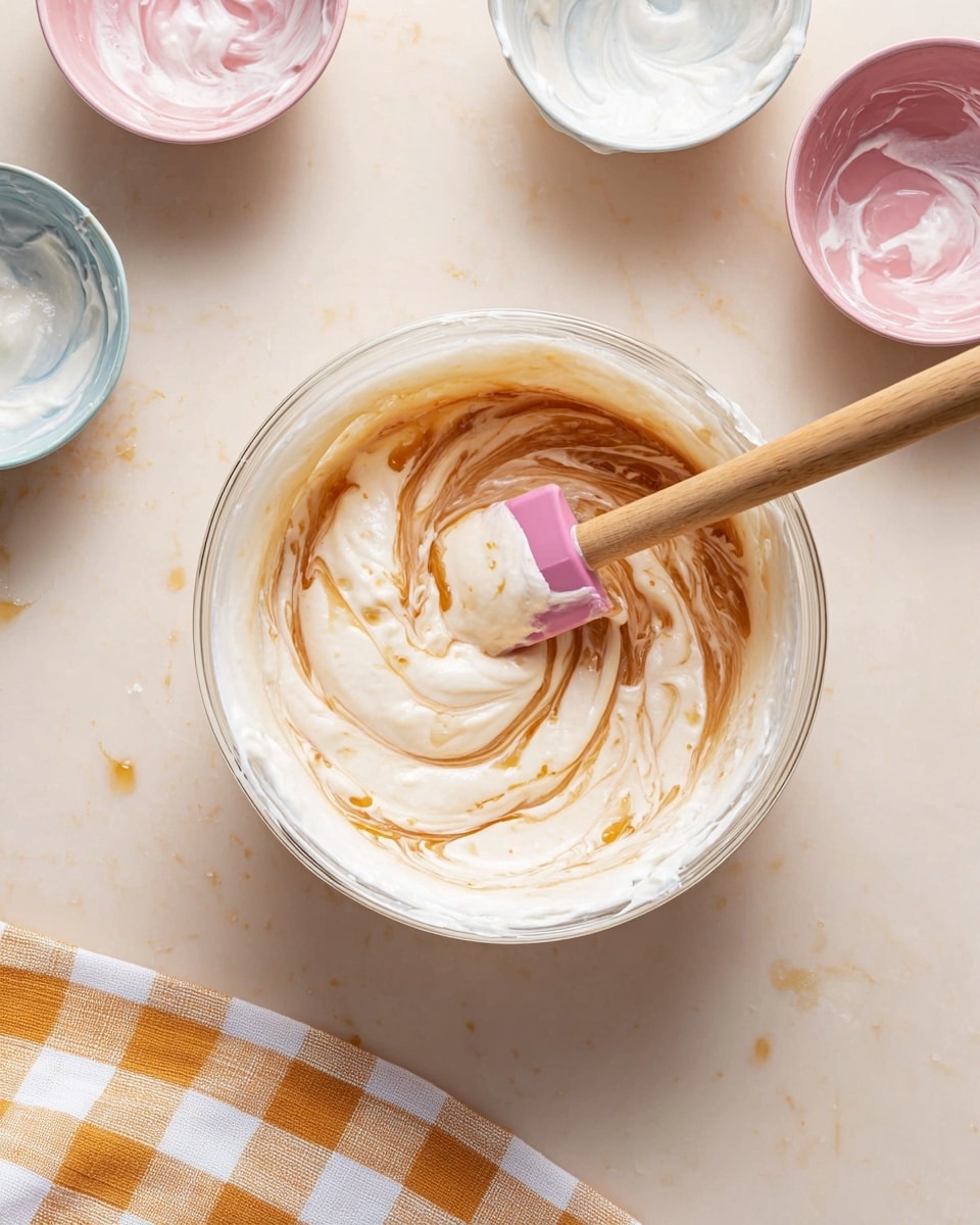A clear round bowl sits on a white marbled surface, filled with a creamy white mixture swirled with light brown honey, giving a marbled effect. A wooden spatula with a pink silicone tip stirs the mixture, with some cream coating the spatula. Around the bowl are three small bowls with traces of a similar white creamy mixture, placed on the white marbled surface. A checkered cloth with white and light orange squares is partially visible at the lower left corner. The scene is softly lit, showing smooth texture and liquid movement. photo taken with an iphone --ar 4:5 --v 7