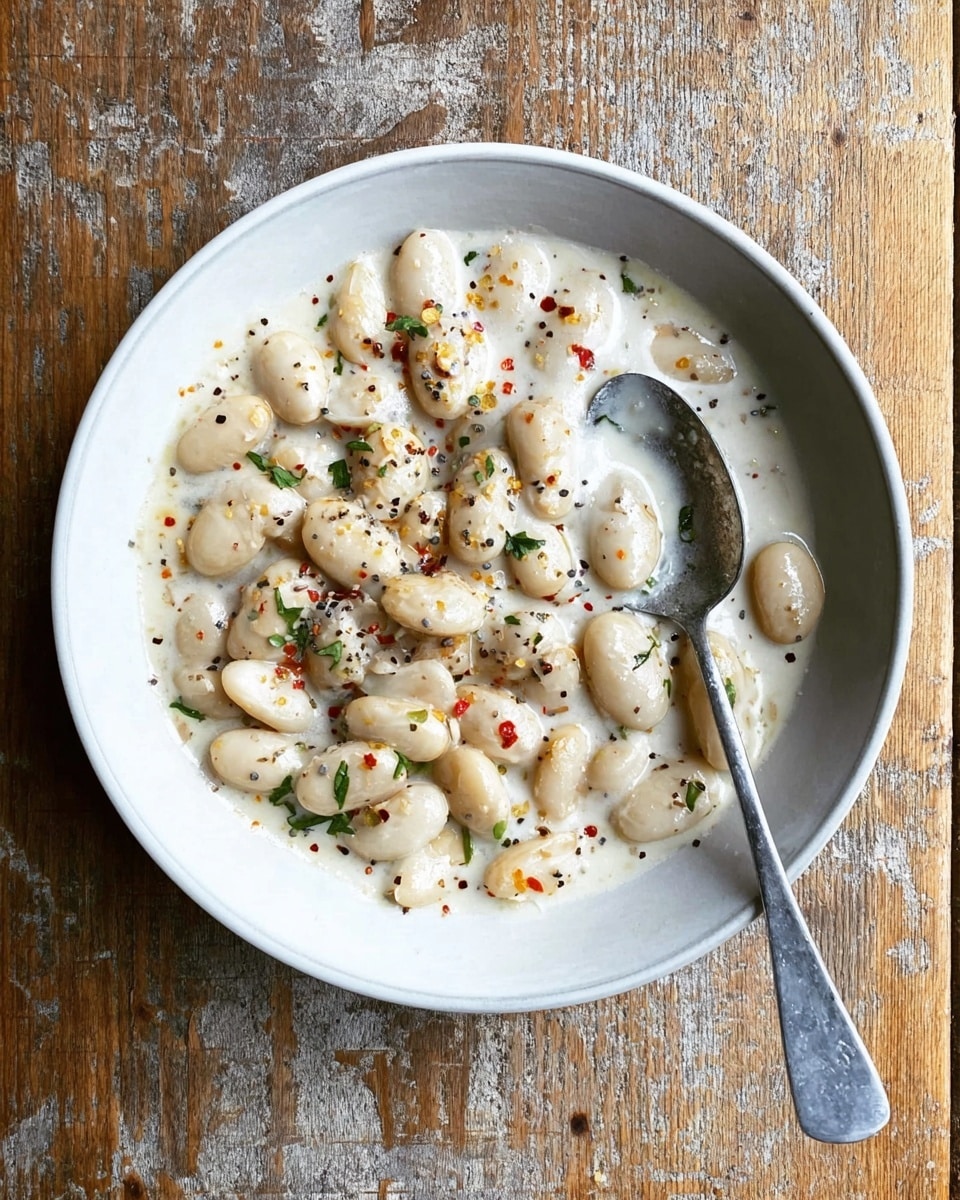 A white bowl filled with a creamy dish of large white beans covered in a thick white sauce speckled with black pepper, red chili flakes, and small green herbs. The beans are smooth and slightly shiny, sitting in the sauce that pools around them. A silver spoon is inside the bowl, scooping some beans and sauce from the bottom right side. The bowl rests on a wooden surface with a rustic, worn texture. photo taken with an iphone --ar 4:5 --v 7
