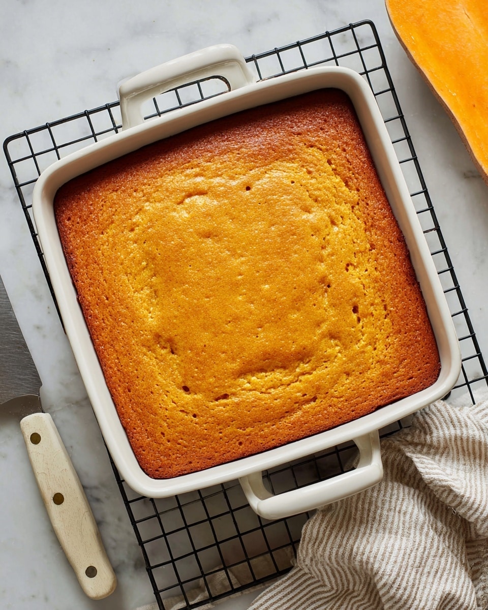 A golden-brown baked dish with a slightly cracked surface sits in a white square ceramic baking dish with two handles. The texture looks soft and moist with a few small air holes. The baking dish is placed on a black metal cooling rack over a white marbled surface. To the top right, there is half of a cooked sweet potato showing its bright orange flesh. On the bottom left, a knife with a cream-colored wooden handle rests partially under the baking dish. A beige and white striped cloth is draped casually on the bottom right corner, adding a cozy touch. photo taken with an iphone --ar 4:5 --v 7