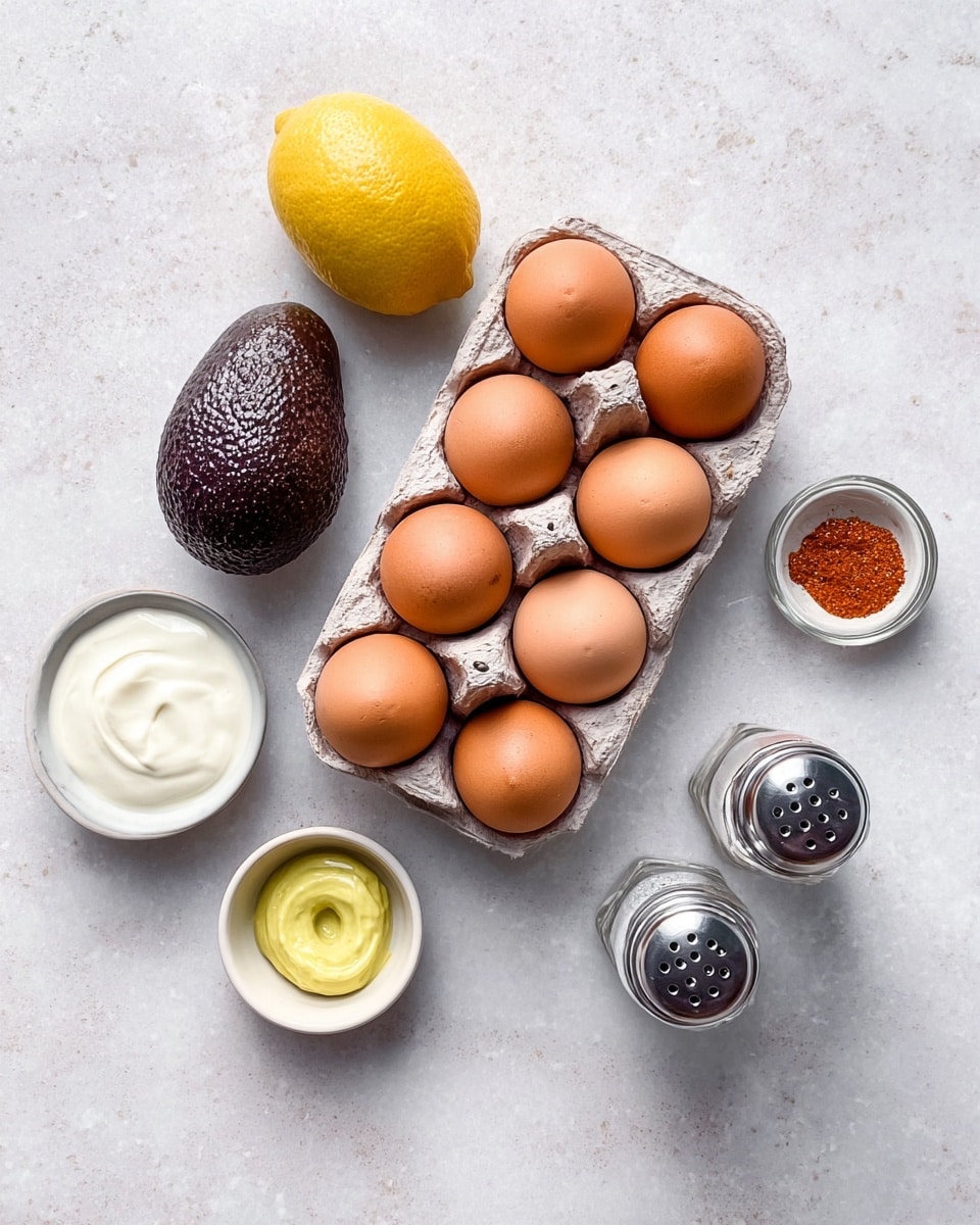 A gray cardboard tray holds eight brown eggs arranged in two neat rows of four. To the left of the tray sits a dark purple avocado with a bumpy texture, and a bright yellow lemon is placed above the tray. On the white marbled surface around these, there are small white bowls one filled with a thick white creamy substance, another with a dollop of yellow mustard, and a third containing a reddish spice powder. Two clear glass shakers with metal tops, likely for salt and pepper, are positioned to the right of the eggs. The overall setup is simple and clean, with soft natural lighting, and photo taken with an iphone --ar 4:5 --v 7