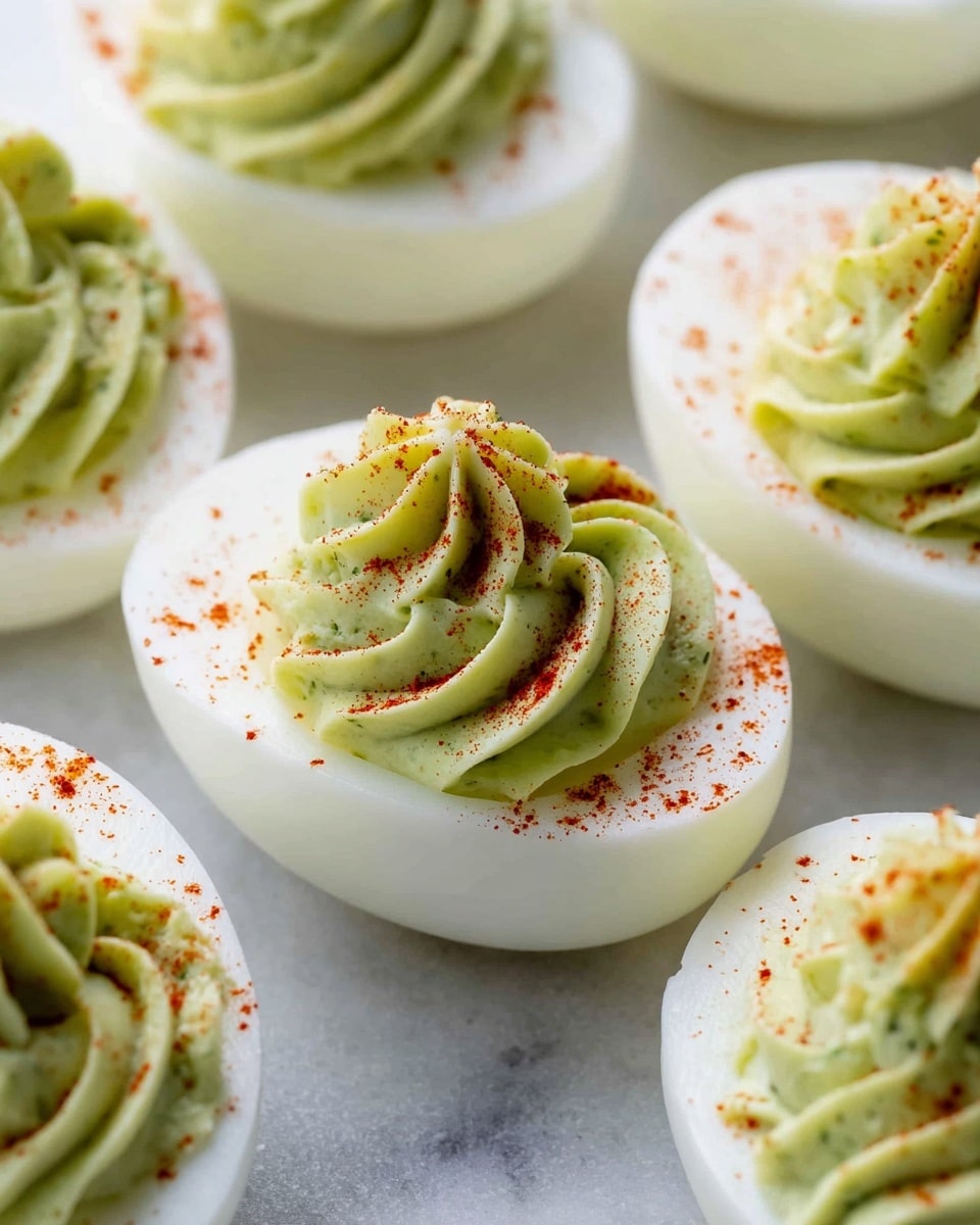 The image shows several deviled eggs arranged closely. Each deviled egg has two visible layers: the smooth, shiny white half egg as the base, and a green creamy swirl piped decoratively on top in a thick texture. The green filling has small specks and looks soft and fluffy. A light dusting of red powder is sprinkled evenly over the green filling and the white egg surface. The eggs are placed on a white marbled texture surface, creating a clean and fresh look. photo taken with an iphone --ar 4:5 --v 7