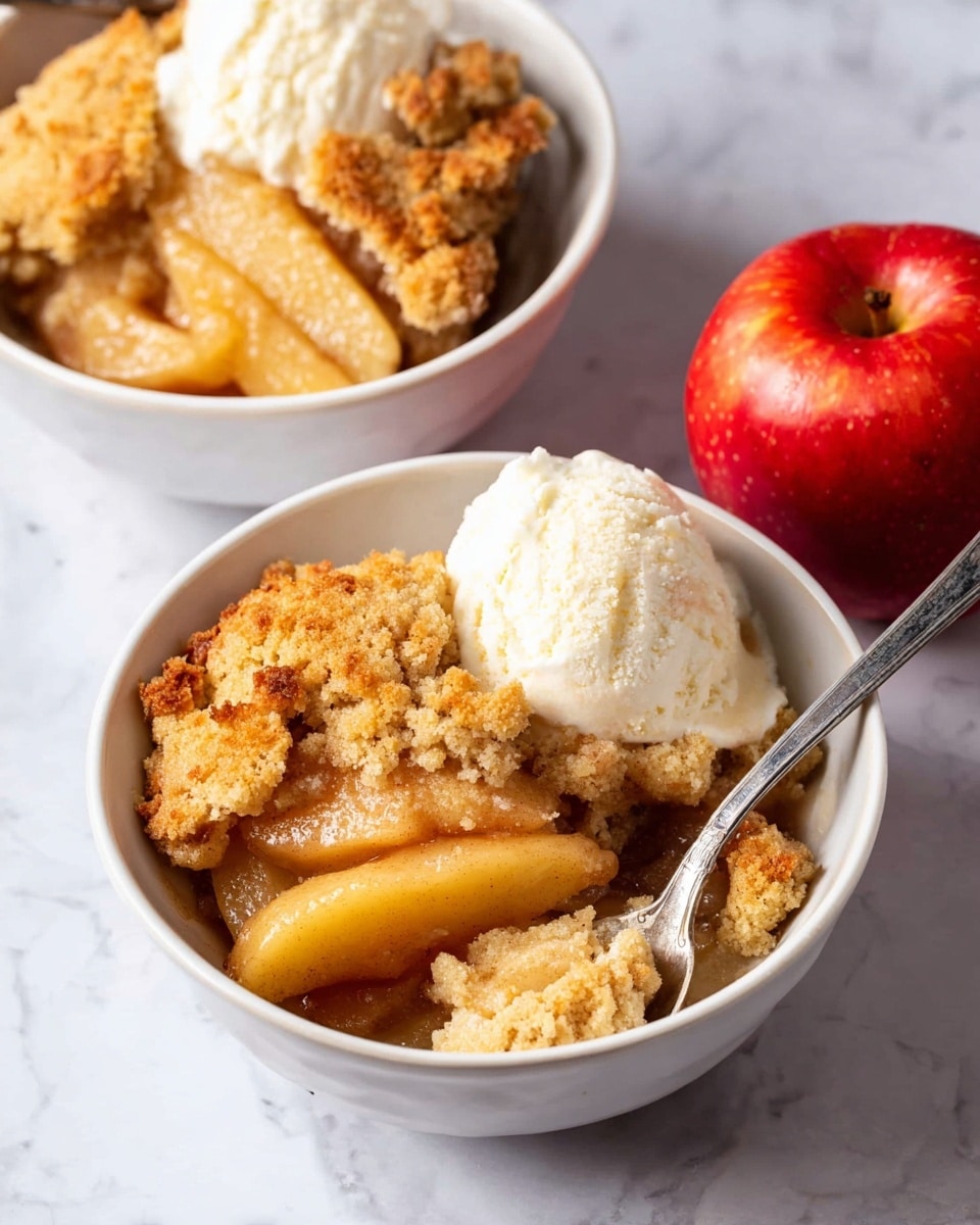 The image shows two white bowls on a white marbled surface, each filled with a warm apple dessert. Each bowl has a bottom layer of cooked apple slices with a shiny, light golden brown color and a soft texture. On top of the apples, there is a broken layer of golden brown crumbly cake or biscuit pieces with a rough texture. One of the bowls has a scoop of white vanilla ice cream resting against the crumbly layer, and a spoon is placed inside this bowl. A red apple is visible near the bowls on the white marbled surface. photo taken with an iphone --ar 4:5 --v 7