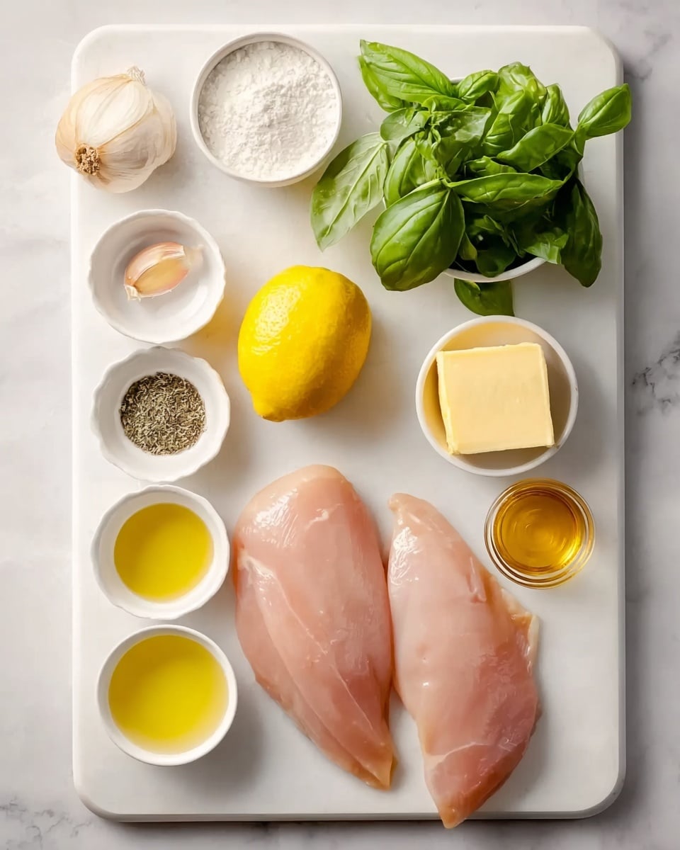 The image shows a white cutting board placed on a white marbled surface, with fresh ingredients arranged neatly in small white bowls and directly on the board. On the bottom right, there are two raw pale pink chicken breasts with smooth texture. In the top row, from left to right, there is a small garlic clove and a shallot placed loose. Next to them, a small white bowl filled with a white powdery substance, likely flour, and a bunch of fresh bright green basil leaves in another white bowl. Below them, a whole yellow lemon sits on the board, with a cube of yellow butter in a white bowl to its right, followed by a glass bowl of golden honey and a small white bowl containing yellow oil. In the bottom left corner, a white bowl holds ground black pepper, while a smaller white bowl with salt is placed next to the butter. The layout is clean with bright lighting, highlighting each ingredient's natural color and texture. The photo was taken with an iphone --ar 4:5 --v 7
