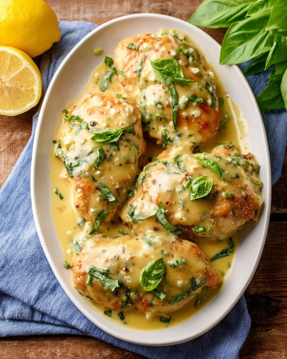 The image shows four cooked pieces of chicken on a white oval plate, each piece covered with a thick light yellow sauce mixed with small white bits and sprinkled with fresh green basil leaves. The chicken has a golden-brown color under the sauce, giving a look of being well-cooked and juicy. The plate rests on a wooden surface, with a blue cloth partially under the plate on the lower right. There is a halved lemon and a whole lemon in the background on the left, along with some green leaves on the top right corner, adding fresh colors to the scene. Photo taken with an iphone --ar 4:5 --v 7