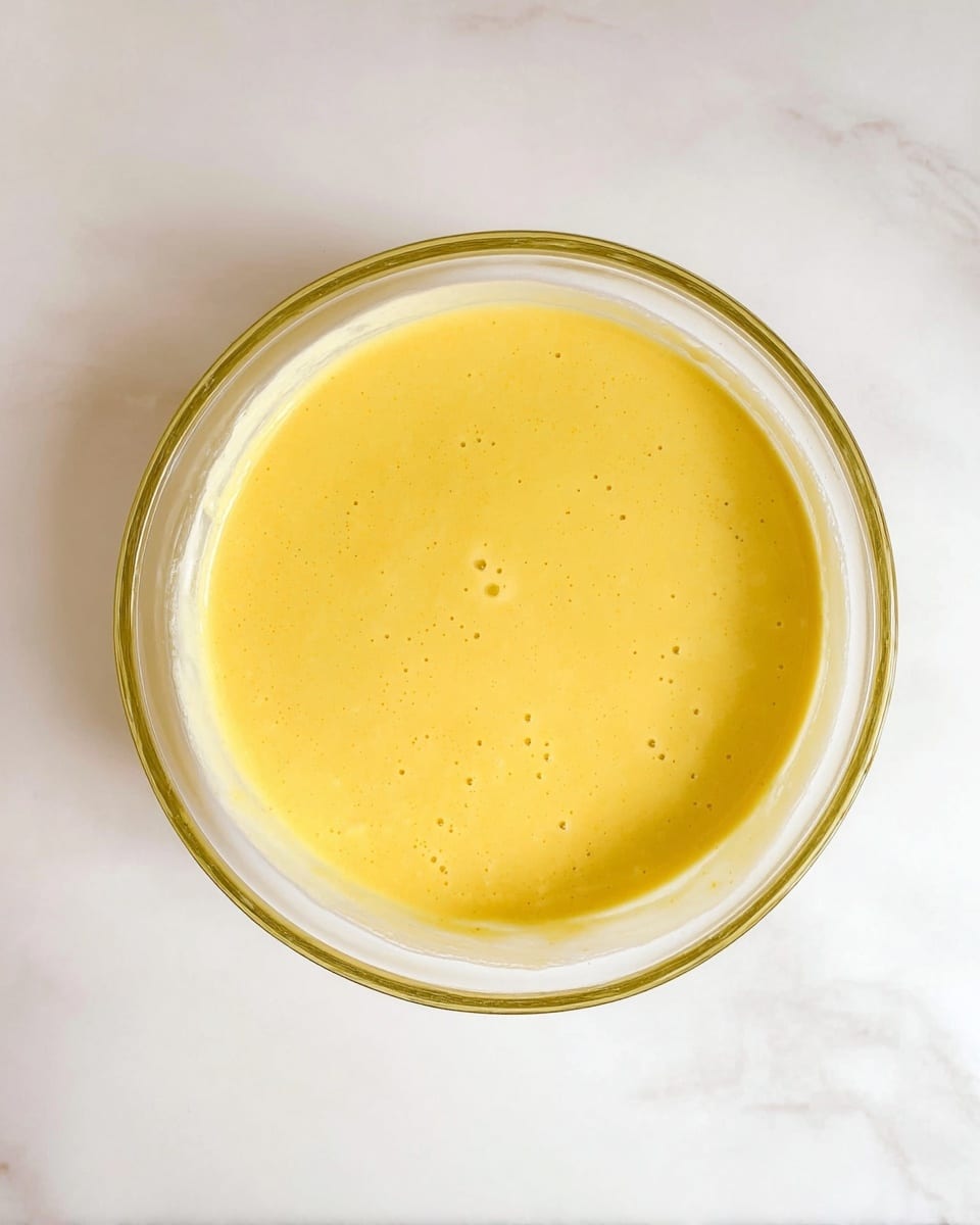A clear glass bowl sits on a white marbled surface, filled with one smooth, even layer of thick yellow batter. The batter has small air bubbles scattered throughout and a glossy texture. The bowl rim is visible and clean, sharply contrasting with the bright yellow inside. photo taken with an iphone --ar 4:5 --v 7