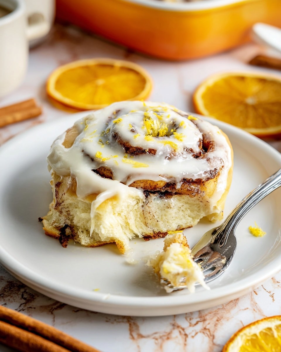A white plate holds a soft cinnamon roll with three visible layers of light golden dough spiraled with dark cinnamon filling. The top is spread unevenly with creamy, white icing that has small yellow zest sprinkled over it. A small piece of the cinnamon roll is torn off and resting on a silver fork placed on the right side of the plate. The background is a white marbled texture with dried orange slices and cinnamon sticks slightly blurred around the plate. Photo taken with an iphone --ar 4:5 --v 7