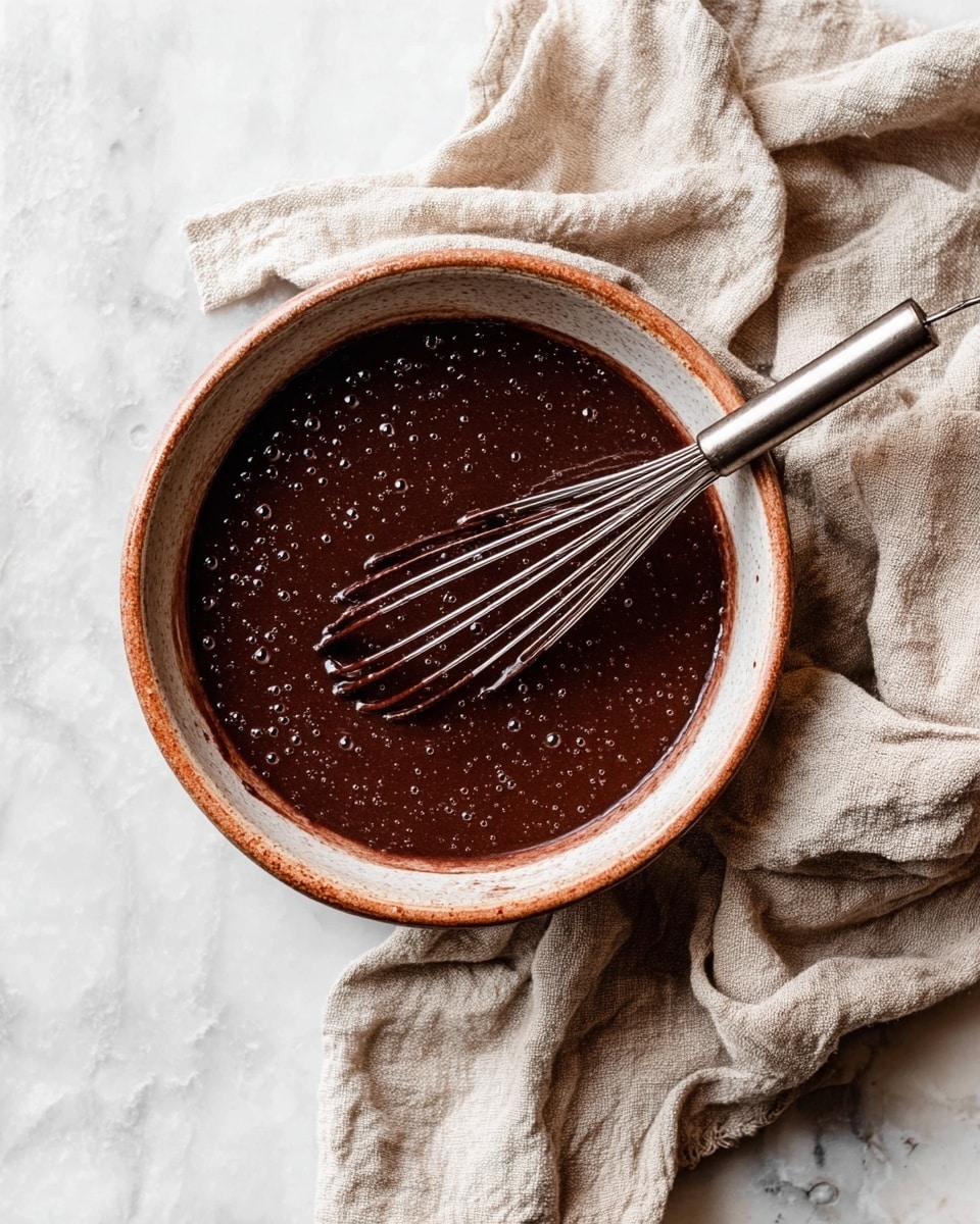 A round ceramic bowl filled with thick, dark brown chocolate batter with tiny bubbles on the surface. A metal whisk rests inside the bowl, partially covered in the batter. The bowl sits on a white marbled surface with a crumpled beige linen cloth nearby. The photo taken with an iphone --ar 4:5 --v 7