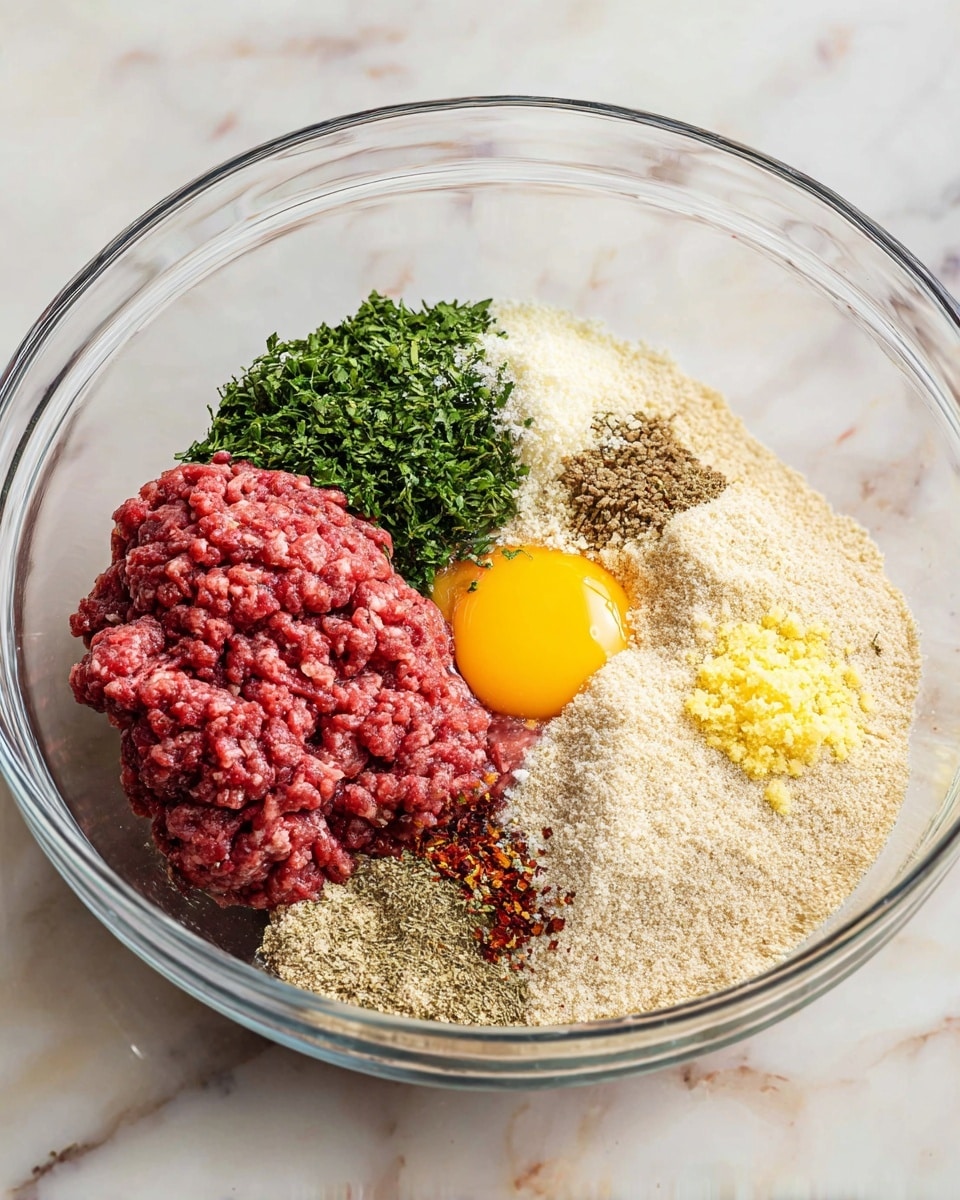 In a clear glass bowl placed on a white marbled surface, there are eight distinct layers of ingredients arranged side by side. One large layer of raw red ground meat with a bumpy texture fills about a quarter of the bowl. Next to it, finely chopped green herbs add a fresh bright green layer. Adjacent to the herbs, a fine white powdery layer, likely grated cheese, covers the bowl surface. Following this, a large light beige layer of fine breadcrumbs spreads out smoothly. A small pile of bright yellow chopped garlic and a tiny amount of red chili flakes are present as two smaller layers near the bottom left. Near them, a small patch of black pepper stands out clearly. Finally, a whole raw egg with a bright yellow yolk and shiny egg white fills the bottom center of the bowl. Photo taken with an iphone --ar 4:5 --v 7
