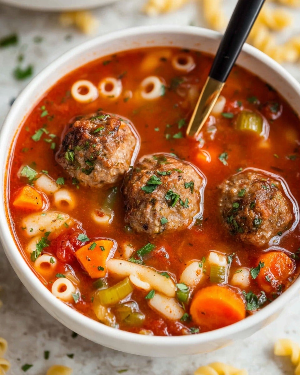 A white bowl filled with a bright red tomato-based soup that has three brown meatballs dotted with green herbs floating on top. The soup also contains round orange carrot slices, light yellow small tube-shaped pasta, and bits of green celery visible beneath the surface. There are small chopped green herbs sprinkled on the soup's surface, adding a fresh touch. A black spoon with a gold edge is partially submerged on the right side of the bowl, set against a white marbled background with scattered pieces of pasta and herbs around. Photo taken with an iphone --ar 4:5 --v 7