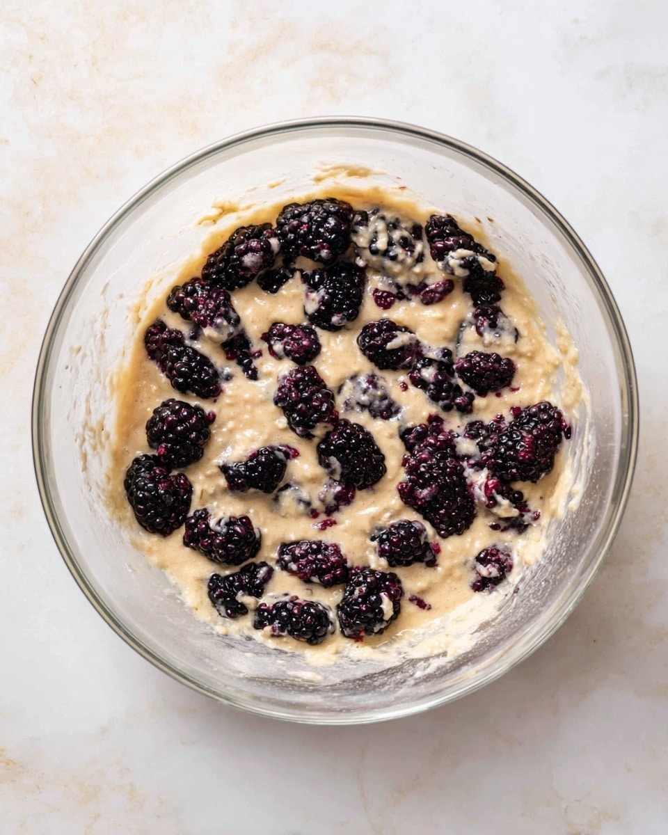 A clear glass bowl holds a light tan batter mixed with whole and halved blackberries. The blackberries are deep purple-black with a shiny, bumpy texture, scattered unevenly through the creamy batter that has a smooth, thick consistency. The bowl sits on a white marbled surface, providing a clean and bright background that contrasts with the dark berries and light batter. photo taken with an iphone --ar 4:5 --v 7