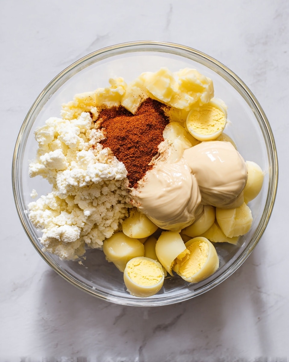 In a clear glass bowl on a white marbled surface, there are several layers of ingredients. The bottom layer shows chopped pieces of yellow boiled eggs with smooth texture, some halves and some whole. On one side, there is a pile of white crumbly cheese with a rough texture. Next to the eggs and cheese, there is a dollop of thick pale beige mayo-like creamy sauce, and another cream-colored dollop that seems smoother and lighter, placed close together. On top of part of the eggs and sauce, there is a dusting of reddish-brown spice powder with a fine texture. The bowl is viewed from above showing all ingredients clearly. Photo taken with an iphone --ar 4:5 --v 7