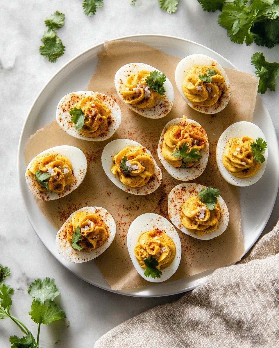 A large white plate holds a layer of light brown parchment paper on which ten deviled egg halves are neatly arranged. Each egg half shows the smooth white of the egg with a swirl of yellowish-orange filling on top, sprinkled with reddish paprika powder. Small green leaves of cilantro sit near the filling on each egg, adding fresh color contrast. Coarse salt flakes are scattered over the filling. The background is a white marbled surface with some green cilantro leaves and a beige cloth to the side. Photo taken with an iphone --ar 4:5 --v 7