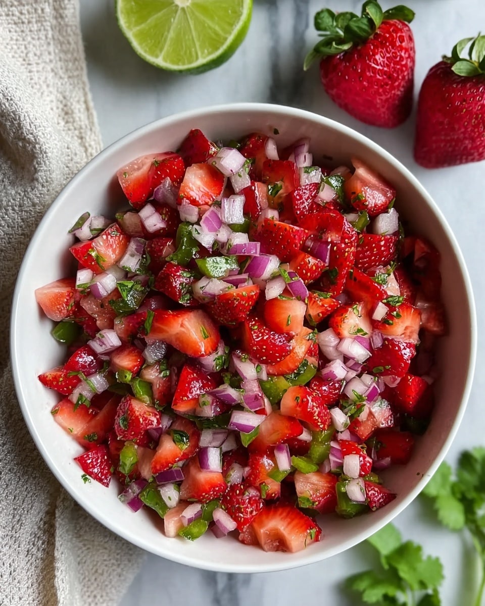 A white bowl filled with a colorful mix of chopped red strawberries, light purple onions, bright green herbs, and small bits of green peppers. The ingredients are mixed evenly, creating a fresh and vibrant look. Around the bowl, there are a couple of whole strawberries and a halved lime on a white marbled surface with a textured light cloth nearby. Photo taken with an iphone --ar 4:5 --v 7