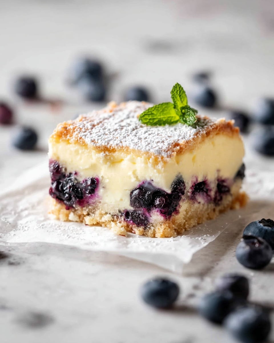 A square piece of dessert sits on a piece of white paper on a white marbled surface, with scattered fresh blueberries around it. The dessert has three layers: a crumbly golden-brown crust at the bottom, a thick creamy off-white middle layer filled with whole dark purple blueberries that show through the side, and a light dusting of powdered sugar on top. A small green mint leaf is placed on the top right corner of the dessert, adding a fresh touch. The texture of the creamy layer looks soft and smooth while the crust is firm and slightly crumbly. Photo taken with an iphone --ar 4:5 --v 7
