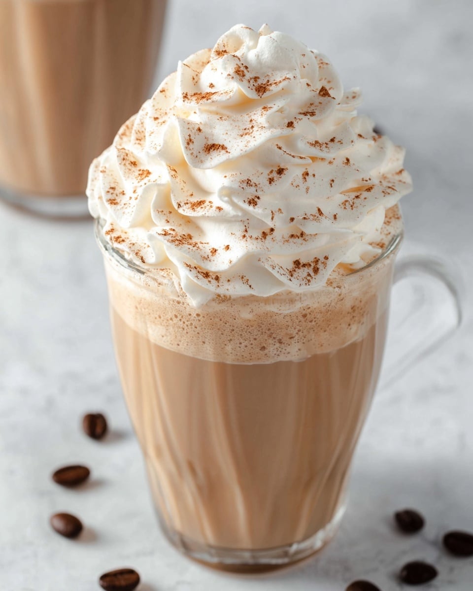 A tall clear glass cup filled with light brown coffee, topped with a large swirl of soft white whipped cream sprinkled with fine brown powder. The whipped cream has multiple thick folds and peaks, giving a fluffy texture, sitting high above the rim of the glass. The glass is placed on a white marbled surface, with a few dark brown coffee beans scattered nearby. The background is softly blurred. photo taken with an iphone --ar 4:5 --v 7