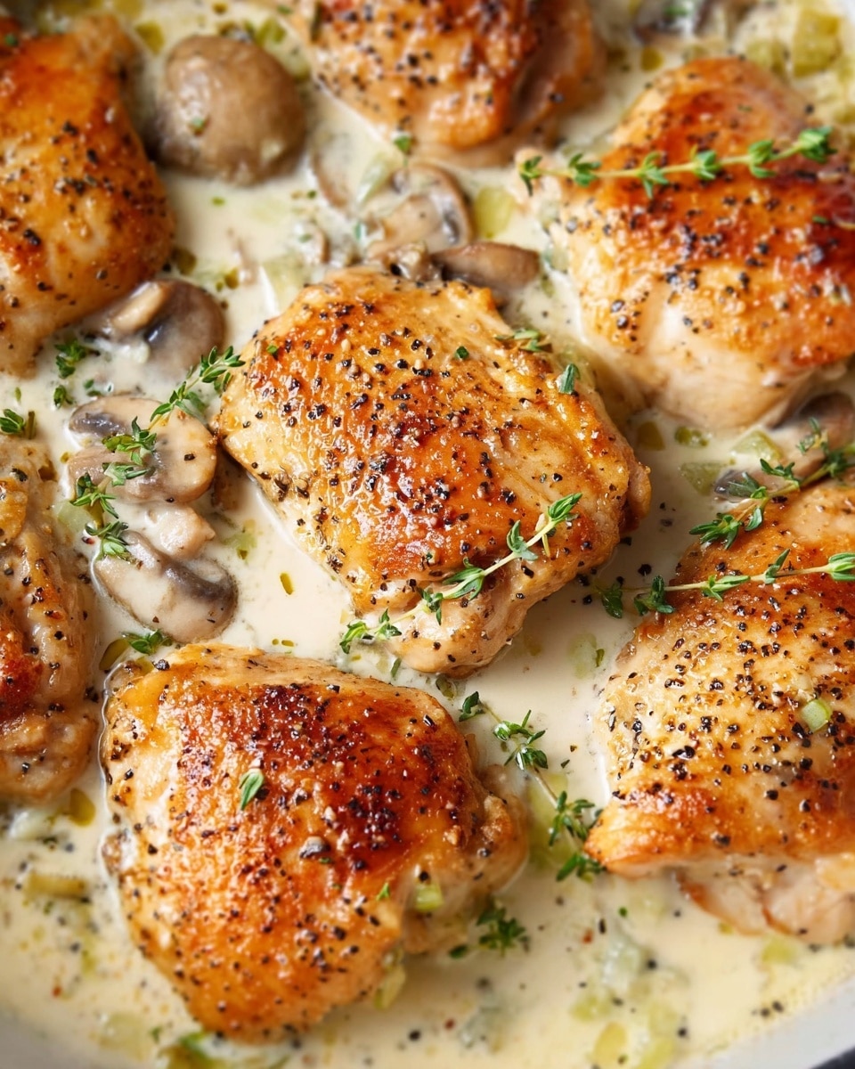 The image shows several golden brown chicken pieces with a slightly crispy texture, each sprinkled with small green thyme leaves and black pepper flakes. The chicken sits in a creamy white sauce with bits of mushrooms visible among the pieces. The sauce has a smooth texture with a few small herbs floating around, making the dish look rich and flavorful. The background is a white marbled texture. photo taken with an iphone --ar 4:5 --v 7