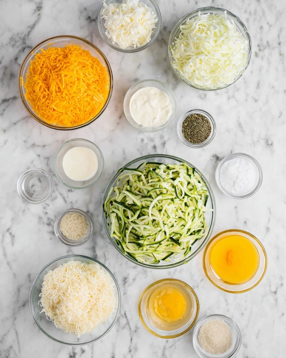 The image shows eleven clear glass bowls of different sizes on a white marbled surface. In the center is the largest bowl filled with shredded green zucchini with pale flesh and dark skin. To the left, there is a medium bowl of bright orange shredded cheddar cheese and a smaller bowl with white shredded coconut. Above the cheese bowl are two small bowls with creamy white sauces or sour cream. Nearby, a larger bowl holds white shredded cauliflower. To the right, a medium bowl contains a golden-yellow liquid that looks like beaten eggs. Around these, there are small bowls containing black pepper, salt, light brown granulated seasoning, grated white cheese, and a small pile of fine white crumbs or breadcrumbs. Photo taken with an iphone --ar 4:5 --v 7