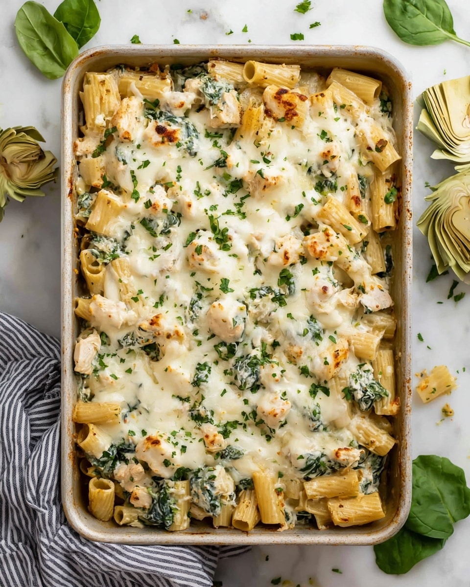 A baked pasta dish in a rectangular baking pan filled with rigatoni pasta tossed with chopped spinach and small pieces of light-colored chicken, all covered with a thick layer of melted white cheese that is slightly browned on top, garnished with finely chopped green herbs. The pasta edges stick out around the pan, and the dish sits on a white marbled surface with scattered spinach leaves, artichoke pieces, and a striped cloth beside it. photo taken with an iphone --ar 4:5 --v 7