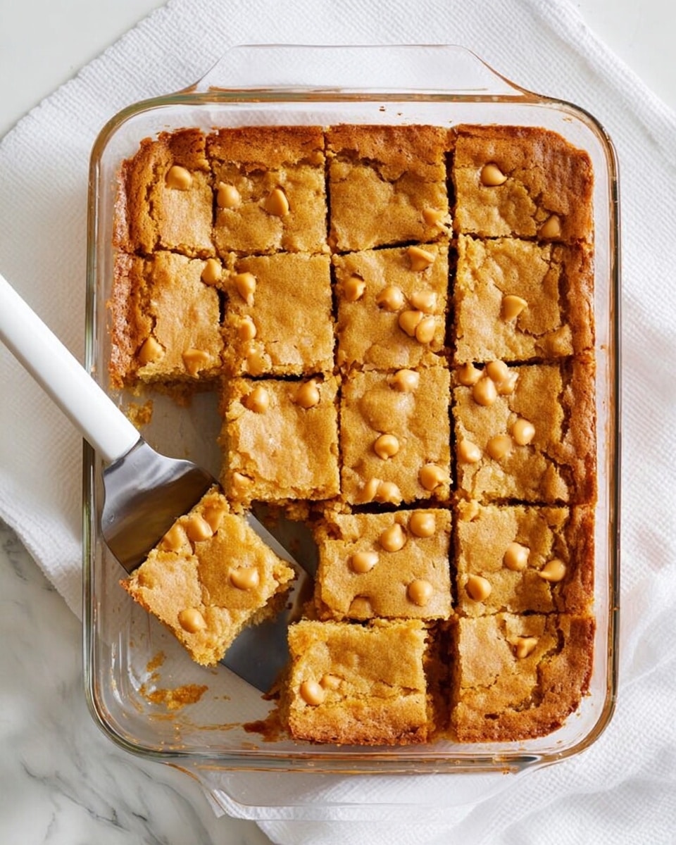 A rectangular clear glass dish holds a golden brown baked dessert cut into eight squares with a slightly rough texture on top, dotted with light caramel-colored chips. The top layer is crisp and evenly browned with some darker edges. One square is partially removed, held by a metal spatula with a white handle resting in the dish. The dish sits on a white marbled surface with a white cloth nearby. Photo taken with an iphone --ar 4:5 --v 7