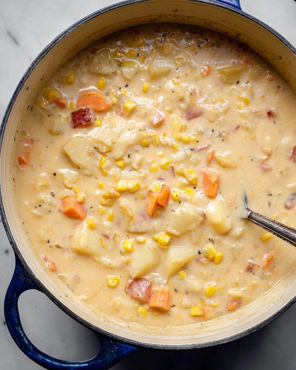 A close-up view of a creamy soup inside a round white pot with a blue handle, filled with a thick, light beige broth mixed with visible chunks of yellow corn, small pieces of red potato skin, soft white potato cubes, and some orange carrot pieces. A silver spoon is partially submerged on the right side, blending into the hearty texture of the soup. The pot is placed on a white marbled surface, showing the smooth, chunky consistency of this cozy dish. photo taken with an iphone --ar 4:5 --v 7