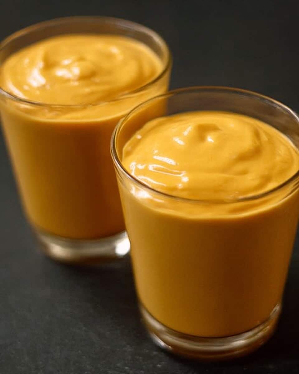 The image shows two clear glasses filled with thick, smooth, bright orange creamy drink or sauce placed on a dark surface. The creamy layer is uniform, glossy, and slightly swirled on top, giving it a rich and soft texture. The glasses are close to each other, with the focus clearly on the one on the right. The background is simple and plain, helping the vibrant orange color stand out. photo taken with an iphone --ar 4:5 --v 7