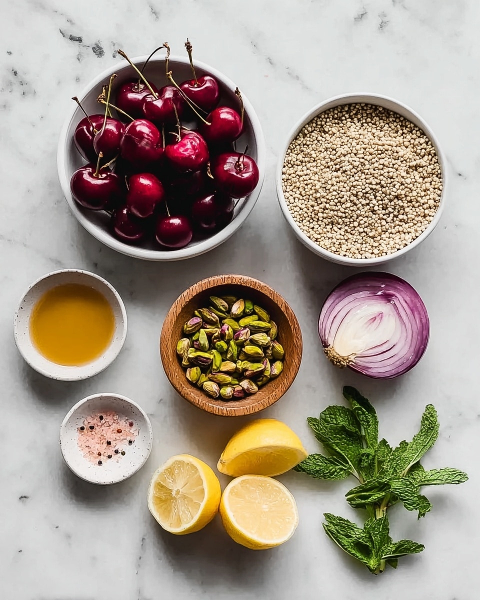 The image shows a white marbled surface with several bowls and food items arranged neatly. At the top left, a white bowl is filled with dark red cherries with stems. To the right of it is another white bowl full of dry quinoa grains, which are light beige with some dark specks. Below the cherries, there is a wooden bowl holding green pistachio nuts. Next to the pistachios, on the right, is half of a purple onion placed flat side down. Below the onion and quinoa, there are two lemon halves with bright yellow flesh. Below the lemons, a small white bowl contains a golden liquid, possibly honey. To the left of this bowl, there is a small white dish with pink salt and black pepper. Finally, at the bottom right, fresh green mint leaves are laid out. photo taken with an iphone --ar 4:5 --v 7