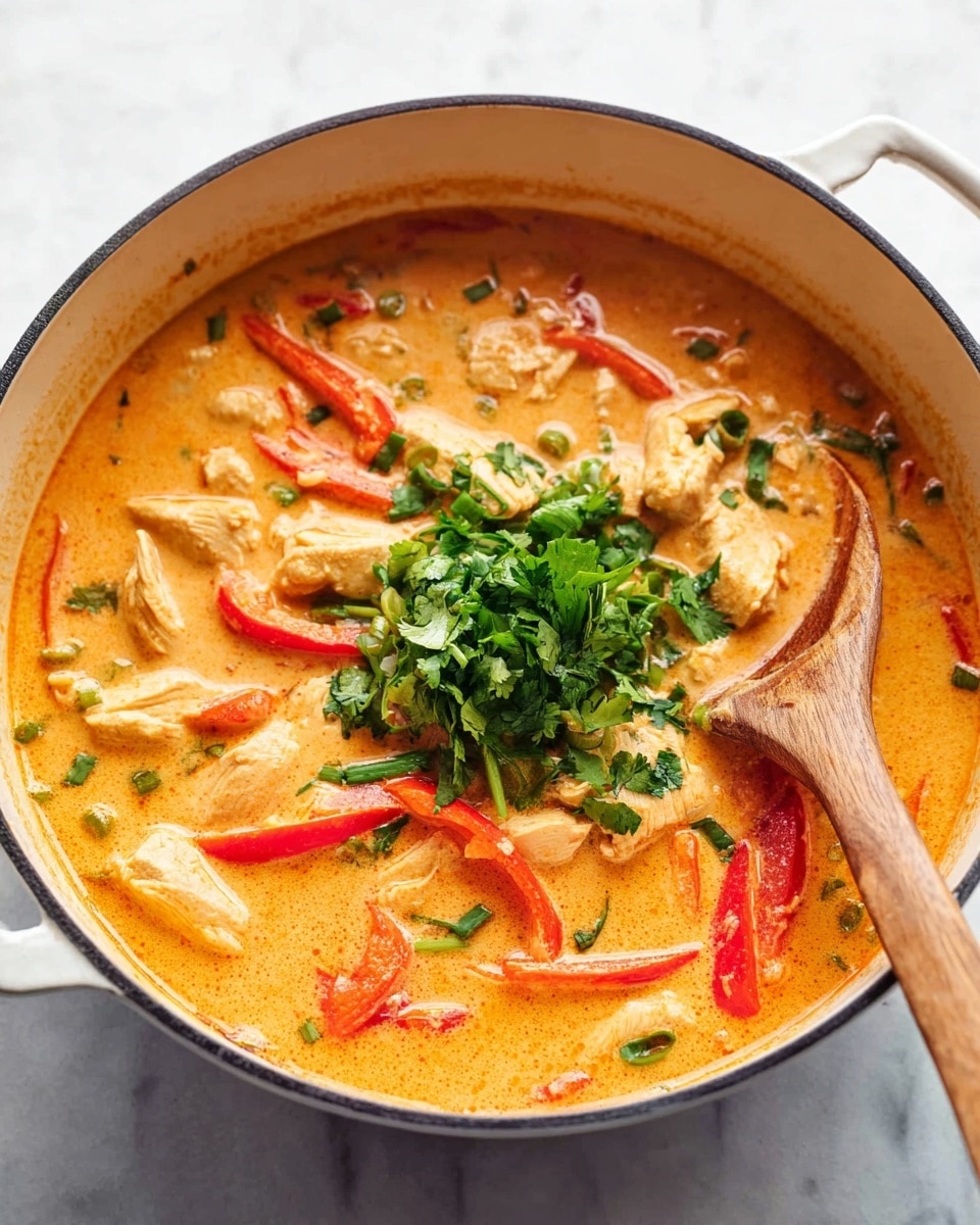 Thai Chicken Curry with Coconut Milk Recipe 4 A large white pot filled with a creamy orange sauce with visible chunks of cooked chicken and long strips of red bell pepper floating through it. On top of the sauce, there is a small bunch of fresh green herbs, including chopped scallions and cilantro, adding a pop of bright green color in the center. A wooden spoon is resting on the right side inside the pot, partially dipped into the sauce. The pot is on a white marbled surface. photo taken with an iphone --ar 4:5 --v 7